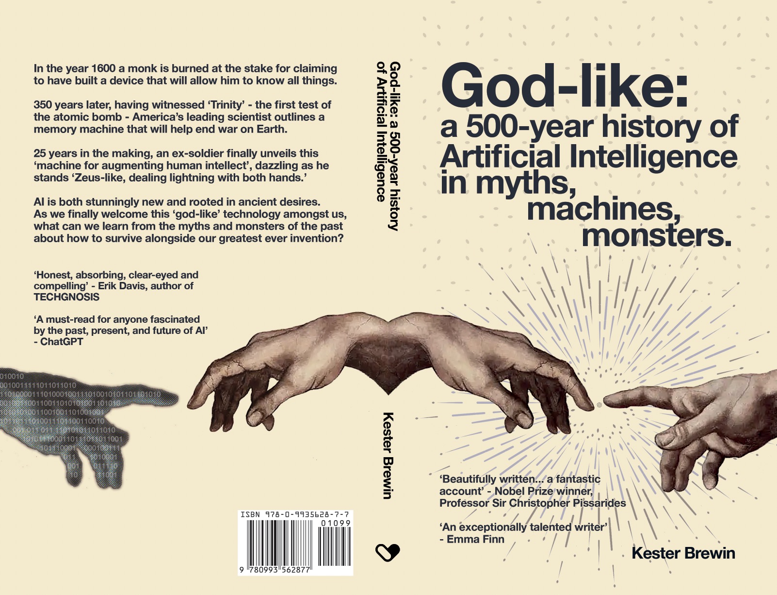 Full wraparound cover of God-like, showing the back-cover blurb, spine and front cover with reaching hands