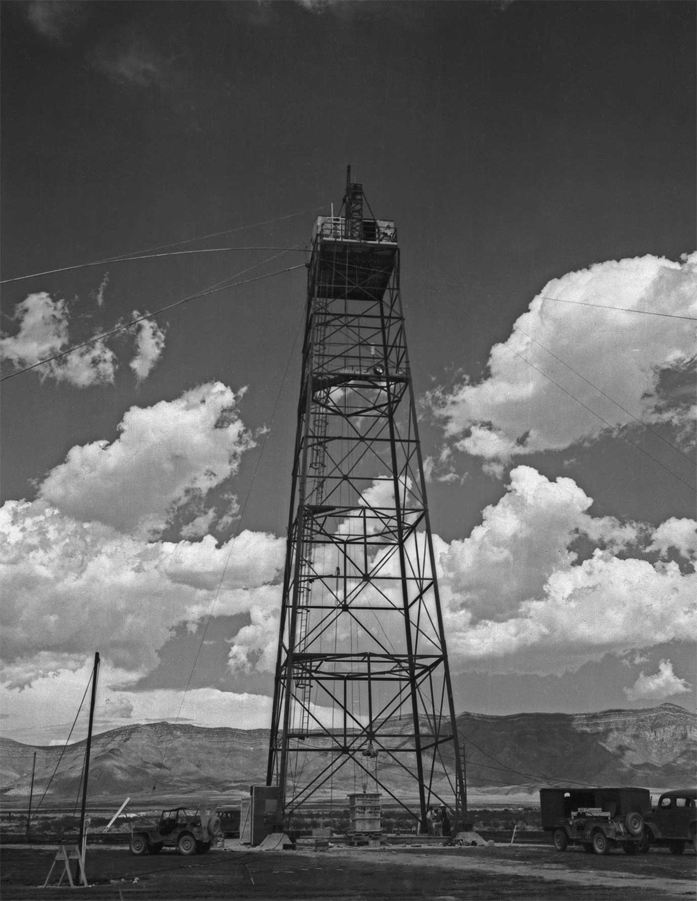 The Trinity test tower in the New Mexico desert, 1945